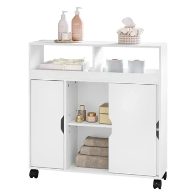 Abbildung von EUGAD Nischenschrank, Badezimmerschrank Badschrank auf Rollen, Badrollwagen mit Schiebetüren, Badezimmerregal offenen Fächern, Badmöbel, aus MDF, 70x71,5x20 cm, Weiß