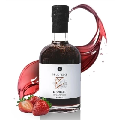 Abbildung von Deligreece Erdbeer Balsamico Essig Traditionell hergestellter von Kreta Fruchtiger und milder mit frischen Erdbeeren Handgemachter Traubenessig aus Griechenland (250ml)