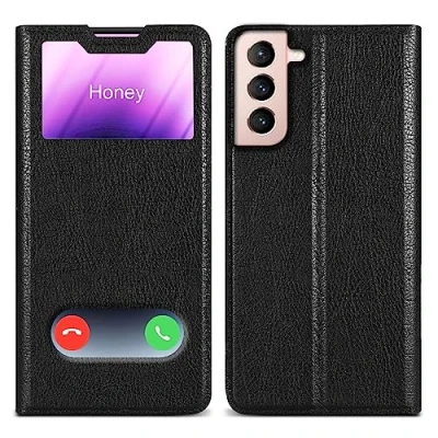 Abbildung von Cadorabo Hülle kompatibel mit Samsung Galaxy S21 5G in KOMETEN SCHWARZ Schutzhülle Magnetverschluss, Standfunktion und 2 Sichtfenstern