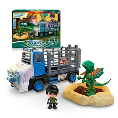 Abbildung von Pinypon Action Rettung des Dinosauriers Dilophosaurus, Set mit einem Spielzeug LKW, Entdecker Figur, Dinosaurier Puppe beim Zusammendrücken, Brunnenbasis und magischer Sand, berühmt (700017398)