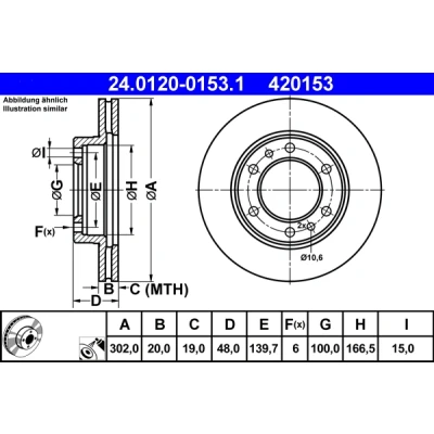 Abbildung von ATE 24.0120 0153.1 Bremsscheibe 302,0 20,0 6 139,7 Belüftet beschichtet TOYOTA: Land Cruiser Prado 70 SUV Cabrio,