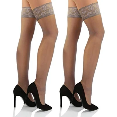 Abbildung von sesto senso Halterlose Strümpfe mit Spitze 2er Pack 15 DEN Feinstrümpfe Damen 3/4 M/L Ambra Beige Hautfarbe