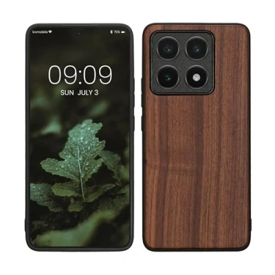 Abbildung von kwmobile Hülle kompatibel mit Xiaomi 14T Holz Case stoßfestes Handy Cover TPU Handyhülle in Dunkelbraun