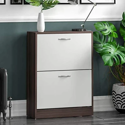 Abbildung von Home Discount 2 Schublade Schrank Schuhschrank Schuhregal Organizer Pull Down Holz Flur Möbel Einheit, Walnuss, Weiß