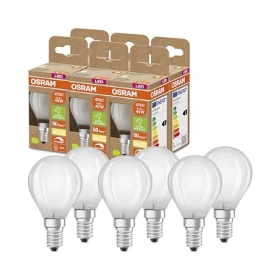 Abbildung von OSRAM SUPERSTAR+ CLASSIC P GLFR 40 LED Lampe, E14, Miniballform, 2,9W, 470lm, 2700K, warmweißes Licht, dimmbar, Filament Technologie, sehr energiesparend, Energieeffizienzklasse C,6 Pack