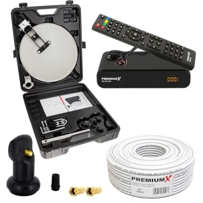 Abbildung von PremiumX Camping SAT Anlage HD TV Receiver Single LNB Kabel F Stecker Koffer Antenne