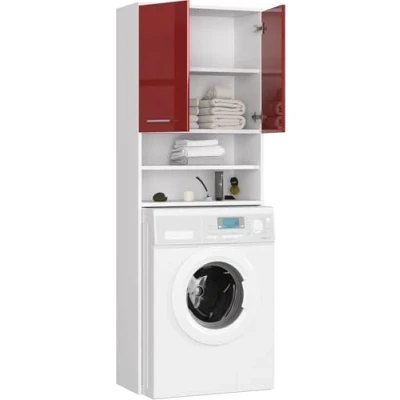 Abbildung von BDW Waschmaschinenschrank 180 x 64 30 cm Glanz Badregal Hochschrank Waschmaschine Bad Schrank Badezimmerschrank Überbau Glänzend Weiß/Rot