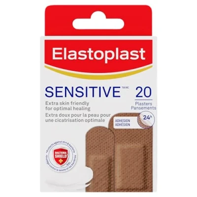 Abbildung von Elastoplast Sensitive Hypoallergene Pflaster Medium (20 Stück), zur schmerzlosen Entfernung, weiche und atmungsaktive Stoffpflaster, mittlere Hautton empfindliche