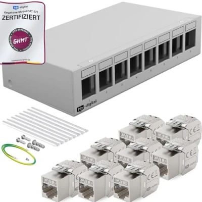 Abbildung von HB DIGITAL 8 Port Patchpanel Patchfeld Verteilerfeld 1 HE 8x CAT RJ45 Keystone Jack Modul GHMT Zertifiziert vollgeschirmt STP 40 Gbps Kompatibel mit Verlegekabel Netzwerkkabel LAN Hellgrau