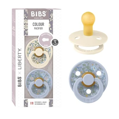 Abbildung von BIBS Colour Liberty Schnuller 2er Pack, BPA frei, Kirschform Nippel. Naturkautschuk/Latex, Hergestellt in Dänemark, Größe 1 (0 6 Monate), Eloise Dusty Blue