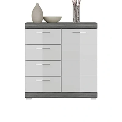 Abbildung von xonox.home Wohnen Scout X06B2902 Sideboard Kommode Schrank in Front weiß Hochglanz Korpus rauchsilber Nb.,ca.80x85x37 cm