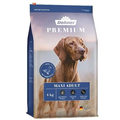 Abbildung von Dehner Premium Hundefutter Maxi Adult, Trockenfutter getreidefrei, für ausgewachsene Hunde großer Rassen, Ente / Lamm Kartoffel, 4 kg