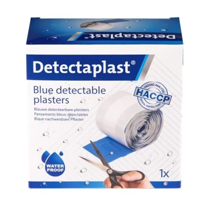 Abbildung von Detectaplast Pflaster wasserfest Universal, blaue Wundpflaster Rolle für den Umgang mit Lebensmitteln, detektierbare Erste Hilfe Sets in der Gastronomie, 6cm x 5 m, 1 Stück