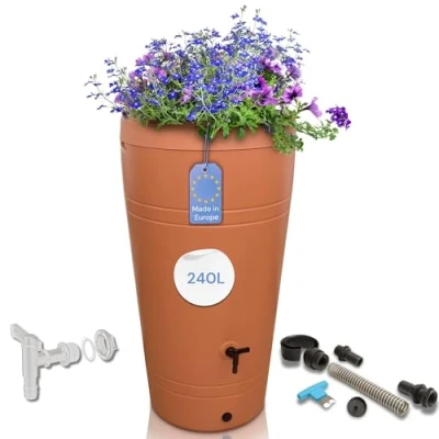 Abbildung von YourCasa Regentonne 230 Liter [Decore Design] Regenfass aus Kunststoff mit Wasserhahn, bepflanzbarer Deckel, Wasserhahn,240L