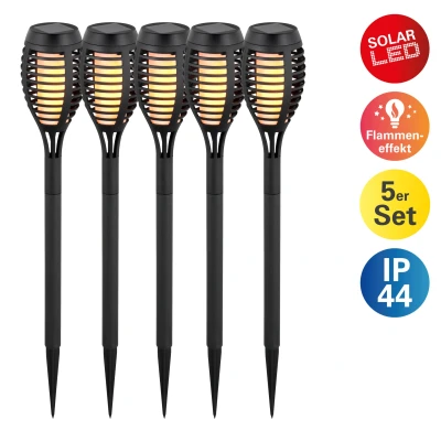 Abbildung von näve LED Solarleuchte Fanilo, Tageslichtsensor, fest integriert, warmweiß, 5er Set Fackeln, Flammeneffekt, schwarz, H: 45cm, D: 6cm