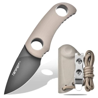 Abbildung von TONIFE Runer Feststehendes Neck Knife mit Scheide und Lanyard 4,7cm Full Tang Klinge EDC Messer für Outdoor (Warmer Sand+Gary Titan)