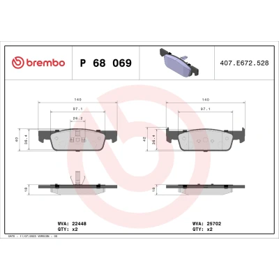 Abbildung von BREMBO P 68 069 Bremsbelagsatz exkl. Verschleißwarnkontakt ohne Zubehör RENAULT: Sandero / Stepway 2, LOGAN 2 Limousine, DACIA: