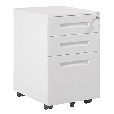 Abbildung von WOLTU Rollcontainer Metall, Mobiler Aktenschrank Büroschrank mit 3 Schubladen Bürocontainer, abschließbares und verstellbares Hängeregister, vormontiert, Büro, Home Office Weiß SK023ws
