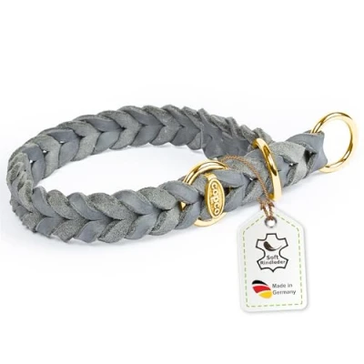 Abbildung von CopcoPet Fettleder Hundehalsband Würger geflochten mit Messing Zugstopp Ring, Handarbeit aus Deutschland, Grau 40 45 cm x 15 mm Hunde Halsband