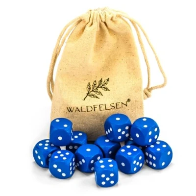 Abbildung von Waldfelsen 6, 12, 20, 30 oder 50 hochqualitative Holzwürfel aus echtem Buchenholz Augenwürfel Spielwürfel Holz in 16 mm Standardwürfel mit Stoffbeutel Würfelset (Blau, 12 Stück)