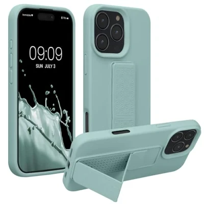 Abbildung von kwmobile Handyhülle kompatibel mit Apple iPhone 16 Pro Max Hülle Fingerhalter und Standfunktion Silikon Case Handy Cover in Mintgrün
