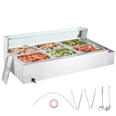 Abbildung von VEVOR Kommerzieller Speisenwärmer mit 6 x 8 Qt Behältern, elektrischer Dampftisch Glasabdeckung, 1500 W Arbeitsplatte aus Edelstahl, Buffet Bain Marie, 3085 C Temperaturregelung für Gastronomie