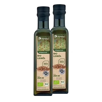 Abbildung von manako BIO Leinöl human, kaltgepresst und 100% rein, 2 x 250 ml Glasflaschen