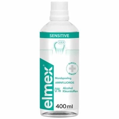 Abbildung von Elmex Sensitive Original Mundbad 3 x Schutz gegen Karies Fluorid von Aminen ohne Farbstoffe lindert Empfindlichkeit der Zähne vollständige Mundpflege in 30 Sekunden