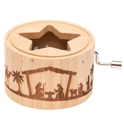 Abbildung von Spieluhr aus Bambus mit dem Weihnachtslied: Alle Jahre wieder music box von Kurbelwerk green line, Christmas Edition, Motiv Krippe