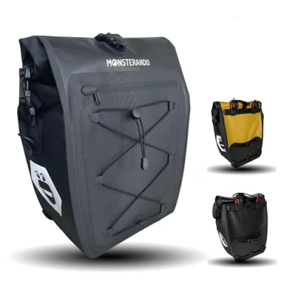 Abbildung von MONSTERANDO Fahrradtaschen für Gepäckträger Business, [Nachhaltig] Recyceltes PET [Wasserdicht] Travel Monster Gepäckträgertasche Fahrrad mit Laptopfach Mehrere Fächer, 27 L Schwarz