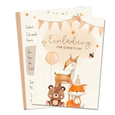 Abbildung von MeinBaby123® Einladungskarten 10 Kindergeburtstag,  Süße Tiere, Liebevolle Tiermotive, hochwertige Umschläge