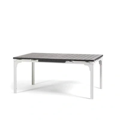 Abbildung von RATTATAN Thomas XL Ausziehbarer rechteckiger Gartentisch mit Stahlgestell und hochwertiger Platte aus Polyethylen in raffiniertem Holzdesign (Weiß/Schiefer)