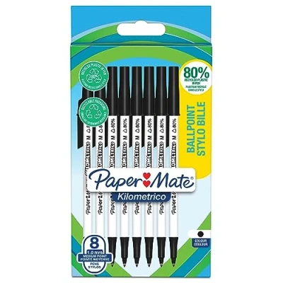 Abbildung von PAPER MATE Kilometrico Kugelschreiber lange Schreibdauer mit mittlerer Spitze (1,0 mm) schwarze Tinte 80% recyceltes Plastik 8 Stück