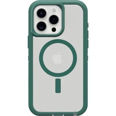 Abbildung von OtterBox Schutzhülle für iPhone 15 Pro Max (nur) Defender Series XT Clear Case Velvet Evergreen (transparent), bildschirmlos, robust, rastet an MagSafe mit Schlüsselband