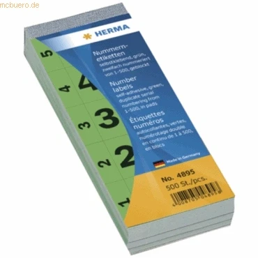 Abbildung von HERMA Nummernblock selbstklebend 1 500 grün 28x56mm VE=500 Stück