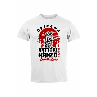 Abbildung von Neverless Hattori Hanzo Sword AND Sushi Okinawa Japan Schri Tshirt print, Herren, Größe: XS, Weiß