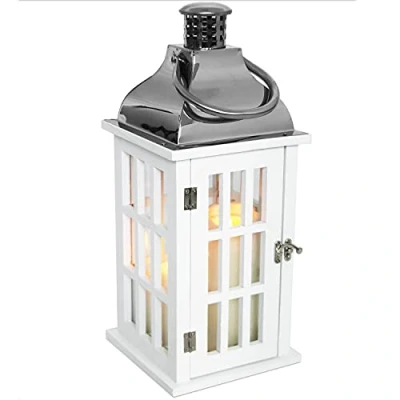 Abbildung von K + M Holz Laterne mit Metalldach 40x17x17cm Gartenlaterne Holzlaterne Windlicht Henkel Holzgestell Glasfenstern Kerzenhalter Gartenbeleuchtung Dekoration