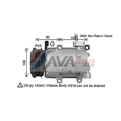 Abbildung von AVA COOLING SYSTEMS FDAK674 Kompressor 7VSC16IC 12V PAG 46 YF R1234yf mit Kompressoröl, Magnetkupplung, ohne Diode FORD: FOCUS 3 Turnier