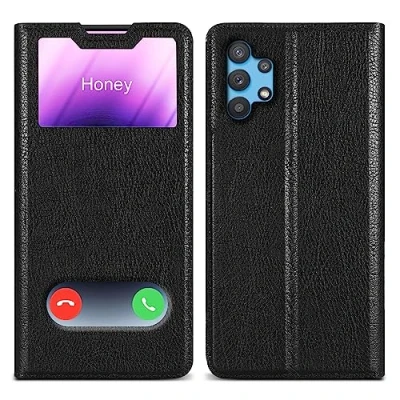 Abbildung von Cadorabo Hülle kompatibel mit Samsung Galaxy A32 5G in KOMETEN SCHWARZ Schutzhülle Magnetverschluss, Standfunktion und 2 Sichtfenstern
