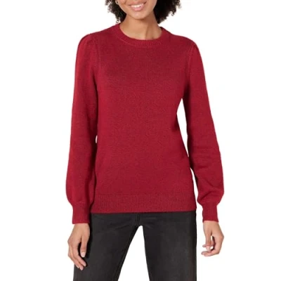 Abbildung von Amazon Essentials Damen Soft Touch Pullover mit plissierter Schulter und Rundhalsausschnitt, Dunkelrot, S