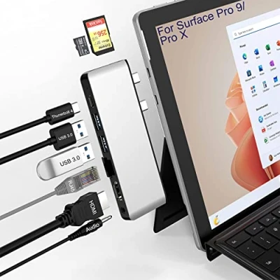 Abbildung von Surface Pro 9 Hub Dockingstation mit 4K HDMI, USB C Thunderbolt 4(8K@30Hz+40G Daten+100W Leistung), 100M RJ45, 2 USB3.0, SD+TF Kartensteckplatz, 3.5mm Audio, Triple Display für 9/X