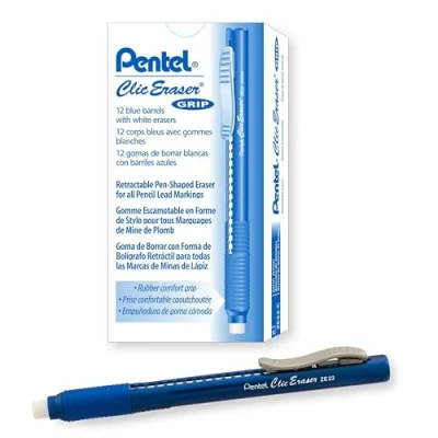 Abbildung von Pentel ZE22C Clic Radiergummi Griff, einziehbarer Radiergummi, blauer Schaft, 12 Stück