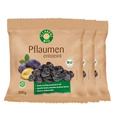 Abbildung von 3x CLASEN BIO Pflaumen getrocknet, entsteint, von Natur aus vegan und glutenfrei 200g