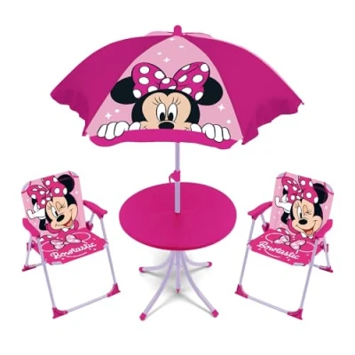 Abbildung von ARDITEX WD16123 Tisch Set (50 x 50 48 cm), 2 Stühle (38 32 53 cm) und Sonnenschirm (Durchmesser 110 von Disney Minnie