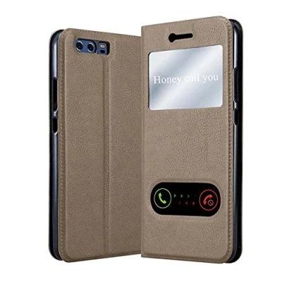 Abbildung von Cadorabo Hülle kompatibel mit Huawei P10 Plus Sichtfenster aus Kunst Leder Flip Klappbare Stoßfeste Magnetische [Standfunktion] [Kartenfächern] Cover für Tasche in Braun