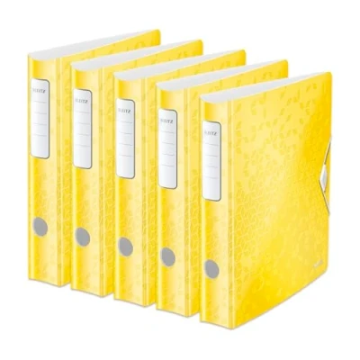 Abbildung von Leitz Qualitäts Ordner 180 Active WOW, 5er Pack, A4, Schmal, Abgerundeter Rücken, 6,5 cm breit, Gummibandverschluss, Leichtes Polyfoam, Plastik Ordner, WOW Serie, Gelb, 11070016