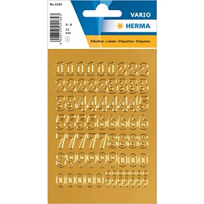 Abbildung von HERMA 4184 Zahlen Aufkleber gold 0 9, 63 Stück, Schriftgröße 12 mm, selbstklebend, klein, Nummer Ziffer Klebezahlen Sticker Hausnummern aus Folie zum Aufkleben