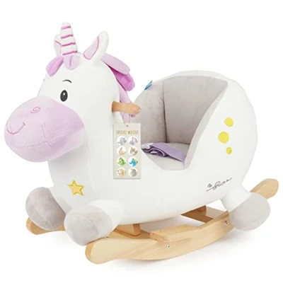 Abbildung von Bieco Plüsch Schaukeltier Einhorn, 60 cm Kinder Schaukelstuhl mit Sicherheitsgurt Baby Schaukel Kleinkind Schaukelwippe ab 9 Monate Schaukelpferd Holz