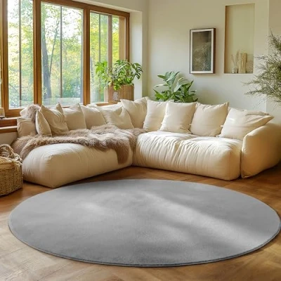 Abbildung von SIMPEX Runder Teppich Silber 120 cm Kurzflor Waschbar, rund, weich &amp; rutschfest, modern einfarbiges Design für Wohnzimmer, Küche Schlafzimmer, Kinderzimmer