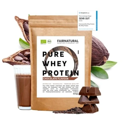 Abbildung von Bio WHEY Protein Pulver Schoko ohne Chemie [Regional aus Deutschland] Hochwertige Eiweiß Shakes » 100% NATÜRLICH « 600g Schokolade Premium Molkenprotein Soja